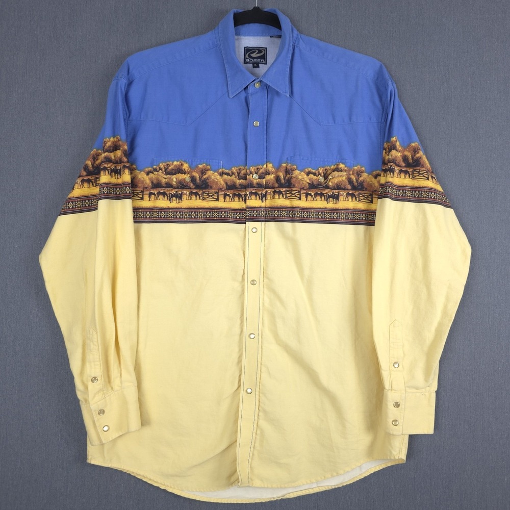 Roper Western Pearl Snap Shirt Mens XL Blue Yellow Horses Wrap Around Print